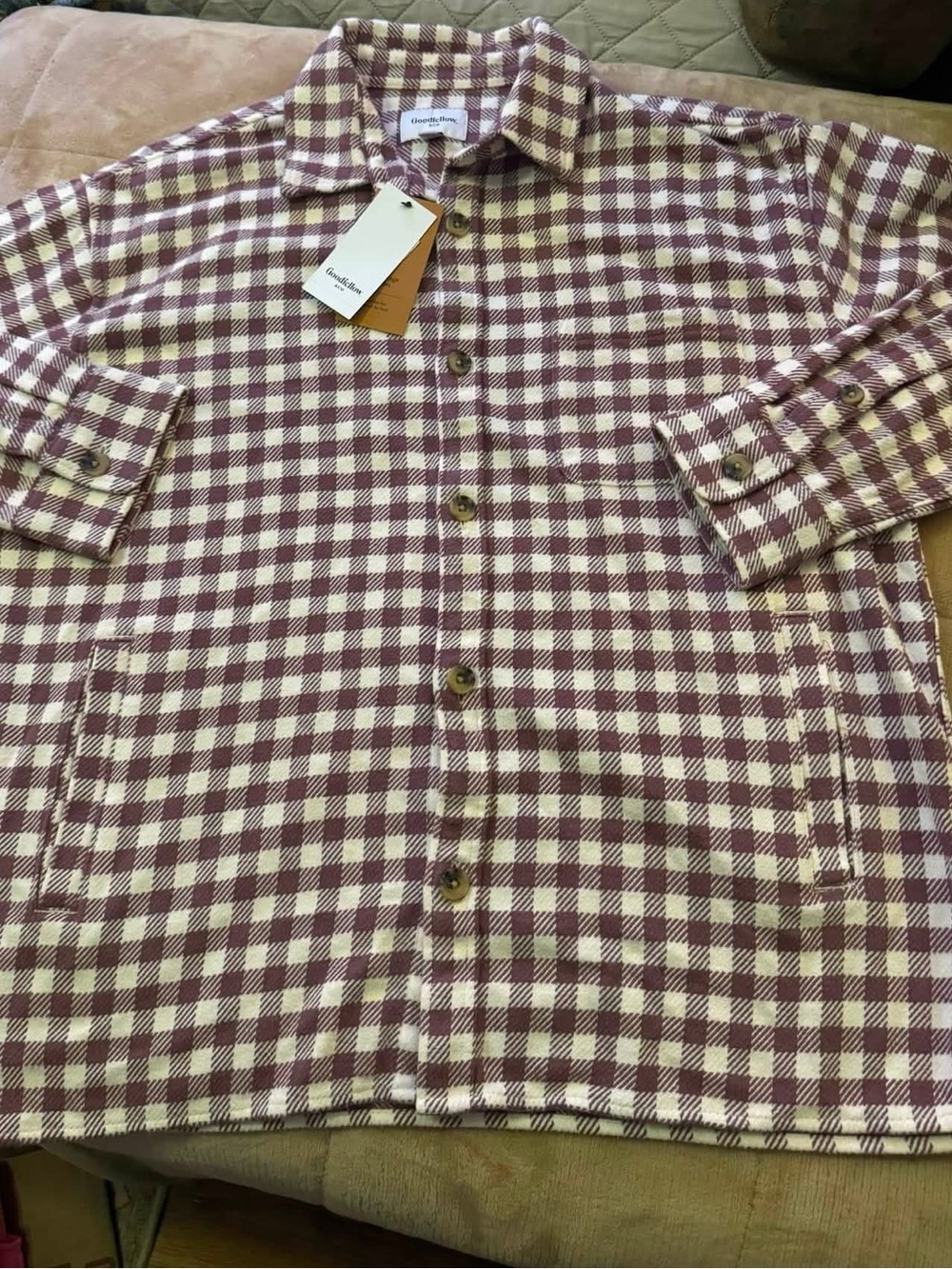 Goodfellow & Co Men’s Burgundy and White Check Button-Down Flannel Shirt Jacket